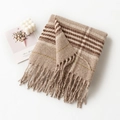 Plaid scarf in brown and beige tones with fringes, cozy autumn winter accessory - Khaki Beige