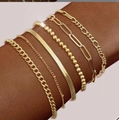 Golden layered bracelet set with Cuban, snake, and paperclip chains on wrist - Gold Set - Layered Chain Designs