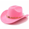 Detailed macro view of pink suede cowboy hat with colorful beaded band and gemstone - M(56-58cm) / Magenta