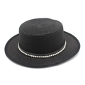 Cappello di paglia nero vintage francese a cima piatta con fascia di perle bianche - Stile Perla Nera