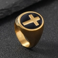Golden stainless steel signet ring with black surface and golden cross emblem - 6 / Gold (Oval Religious Cross)