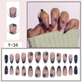 Blue floral press-on nails with French line almond design 24-piece full set for women - Dark Blue Floral French Almond Nails (Y-34) / Glue Type
