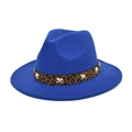 Detail of royal blue wool fedora with leopard print band and silver metal crosses - M (56-58cm) / Sapphire Blue