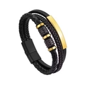 Men's triple-layer braided black leather bracelet with gold magnetic clasp and metal charm - Black-Gold Beads
