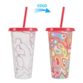 710ml color changing cold cup showing white to multi-color wavy pattern with red straw - 701-800ml / Psychedelic Pattern (Red)