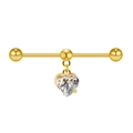 Gold industrial barbell earring featuring a heart-shaped zircon pendant with melt design - Gold/Molten Heart/White Zircon