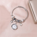 Silver beaded bracelet watch featuring rhinestone charms, love beads and heart key pendant - White