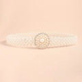 Detail of white multi-strand pearl belt featuring a round rhinestone centerpiece buckle - 19302 Retro Round Buckle