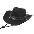 Black western straw cowboy hat with ethnic embroidery, turquoise beads and chin strap - Black (Rope + Ethnic Style)
