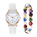 Orologio al quarzo luminoso con cinturino in pelle bianca e set di braccialetti colorati - Bianco + Bracciale