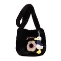 Schattige zwarte pluche schoudertas met donut borduursel en een eend hanger accessoire - Met Hanger / Zwart