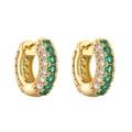 Luxurious gold huggie earrings with alternating green and clear zircon stones on white base - Gold Green Zirconia