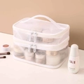 White double-layer mesh makeup bag with zipper and handle for large storage - Double Layer / White