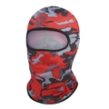 Macro detail of red camo balaclava featuring breathable stretch fabric and eye opening - Red Camouflage