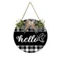Round black wooden Hello sign with buffalo plaid patterns and greenery for front door - 28x28x0.5cm / Black Butterfly Style (M80578Q)