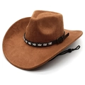 Close-up of brown suede cowboy hat with stitched leather band and bronze metal buckle - M / Khaki