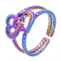 Rainbow plated stainless steel double heart open ring with twisted double layer band - Rainbow