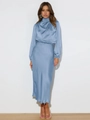 Detail view of the elegant dusty blue satin halter neck dress with silky texture - Blue