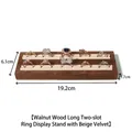 Walnut wood ring display stand with dual slots and beige velvet lining for jewelry storage - Walnut Double-Slot Long Ring Stand - Beige Velvet