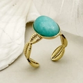 14K gold-plated stainless steel open ring featuring a large oval turquoise gemstone - Adjustable Open / Oval Turquoise Wide Band(R0056-02)