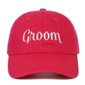 Close-up of white Groom embroidery on red cotton baseball cap with high-quality stitching - Groom (GROOM) / Rose Red