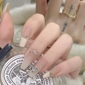 Long coffin press-on nails in nude gradient with rhinestones, heart gems, and chains - By1080#mutton Fat Jade / Glue Type
