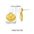 Golden scallop shell pearl stud earrings with detailed product dimensions and weight - Gold Scallop Artificial Pearl Style (E01278G)