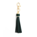 Dark green PU leather tassel keychain with gold lobster clasp and cap over white background - With Lobster Clasp / Dark Green
