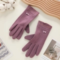 Gants thermiques violets pour femmes avec nœud élégant et fonction écran tactile - Papillon Strass Double Dentelle - Poil de Lapin Violet
