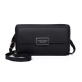 Crossbody phone bag in black lychee grain leather with gold hardware and card slots - Black