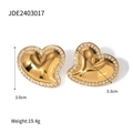 Gold plated heart hoop earrings with sparkling rhinestones and measurements on white background - Heart Rhinestone Earrings / Gold