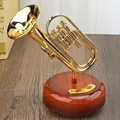 Vintage horn music box model with golden finish and brown wooden base, 15x17cm - Small Trumpet Music Box