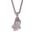 Silver hip hop praying hands pendant with clear crystals on a twisted rope chain - Praying Hands Iced Out Pendant Twine Chain / Silver