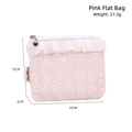 Pink daisy floral makeup bag with lace trim and heart zipper pull, portable small pouch - Pink Flat Bag