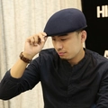 Men's winter navy wool newsboy cap with warm fleece lining and protective earflaps - Blue (Plain)