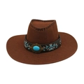 Brown western cowboy hat with turquoise stone and floral embroidery in minimalist style - One Size / Coffee (Wide Leather Embroidery)