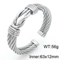 Silver stainless steel cable bangle with central nautical knot design and open cuff style - Wide Knot Style (KB183608-KFC)