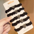 5-pack of black wavy hair scrunchies with heart charm accessories for high ponytail - Black Heart Decor 5Pcs Set