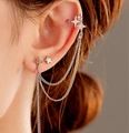 Silver star ear cuff with hanging chains and sparkling zircon stud for women - Star Chain Silver