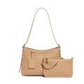 Ensemble sac bandoulière tressé beige avec pochette et détails métalliques dorés - Abricot
