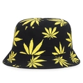Unisex black bucket hat featuring a vibrant yellow leaf pattern print for summer sun protection - One Size / Black with Yellow Leaf (No Label)