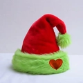 Detail view of red plush Christmas hat featuring green faux fur trim and orange heart charm - 45*32cm / Adult Fluorescent Green Edge Heart