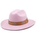 Detail of pink wool fedora hat featuring a brown leather band with silver metal studs - M (56-58cm) / Pink