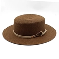 Detail of the brown boater straw hat with beige decorative band and gold metal buckle - M (56-58cm) / Brown