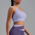 Women's light purple yoga sports bra with criss-cross back and matching dark purple leggings - XS / Light Mist Purple