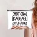 Close-up of white canvas makeup bag with black Emotional Baggage print and zipper detail - Emotional Baggage Funny Style (jiayingpbb0271)