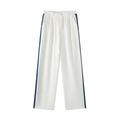 Détail du pantalon large blanc à taille haute avec bandes latérales bleu marine contrastées - S / Bas / Bleu et Blanc