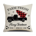 Linen Christmas pillow case featuring a vintage truck with a red plaid tree pattern - Beige Vintage Truck with Tree Text/22YM13-28