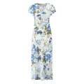 Elegant white floral dress with blue plant patterns, side pleats and ruffled short sleeves - S / Blue White Print