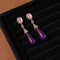 Pink and purple droplet earrings with fan-shaped tassels and cat eye stones in jewelry box - Purple S3255